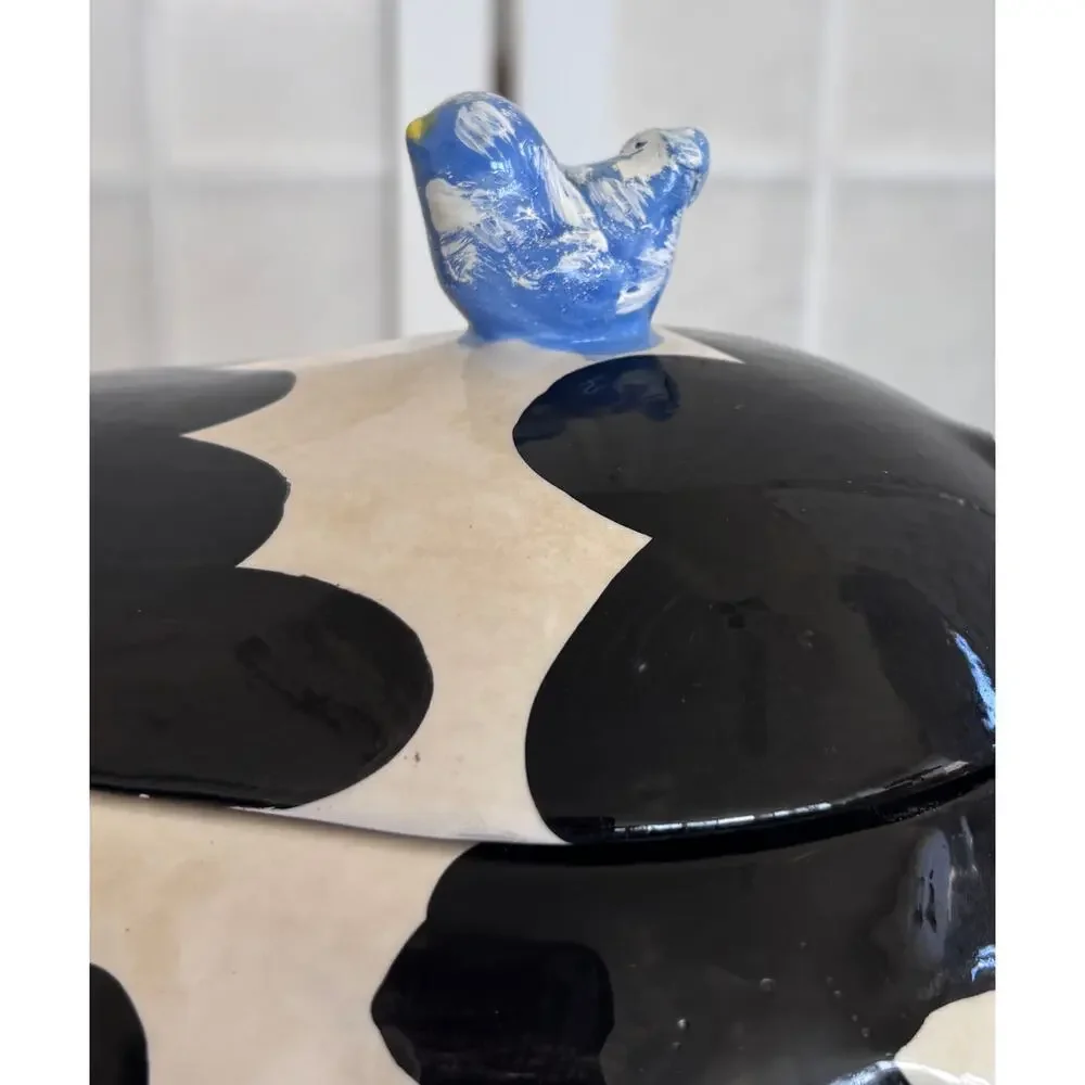 Cow Cookie Jar Farmhouse Country Kitchen Decor Ceramic Black White Apples - Picture 3 of 11